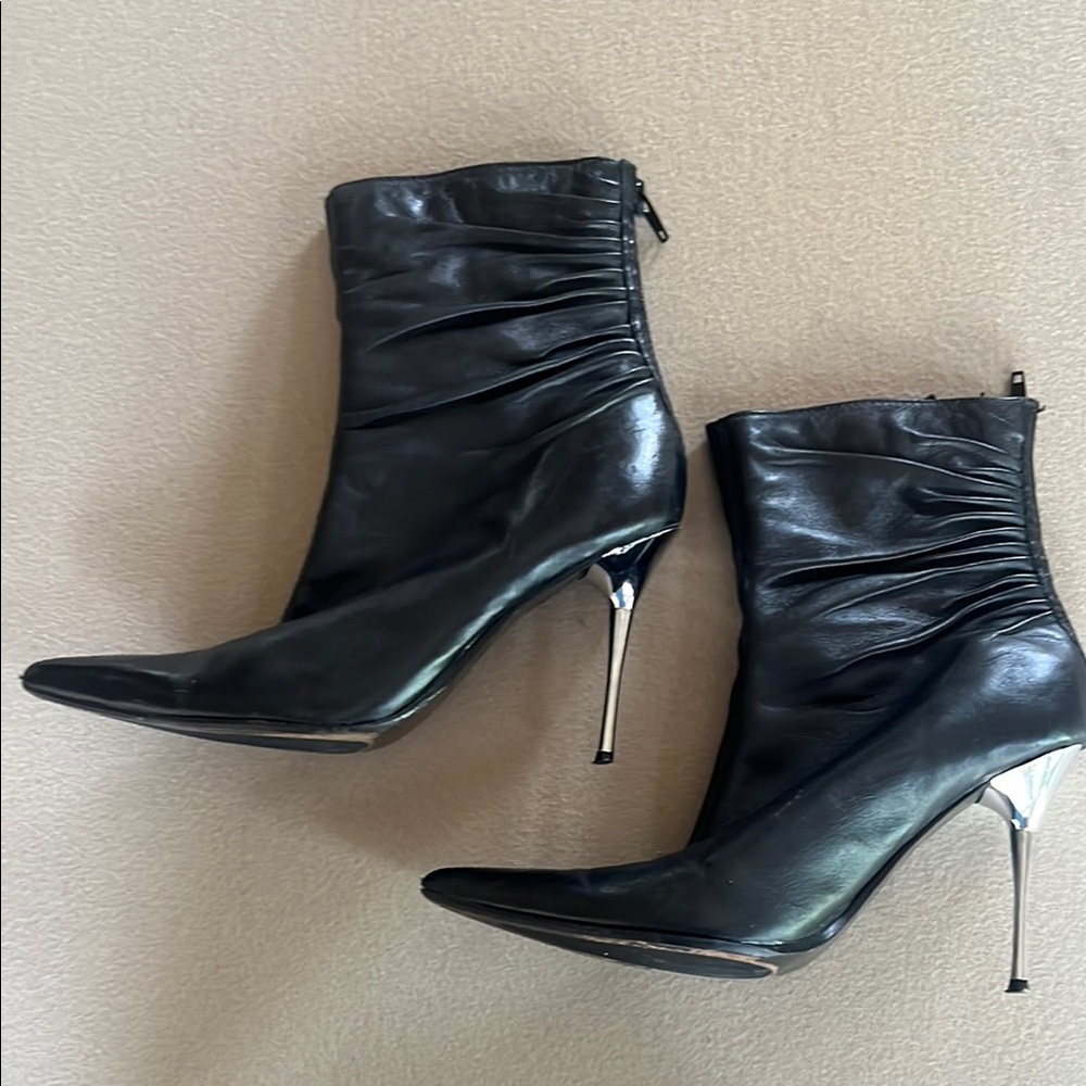 Black Leather Ankle Boots with Silver Heel